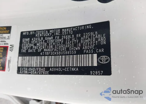 2011 Toyota Camry Le из США, поврежденный, VIN 4T1BF3EK6BU588559